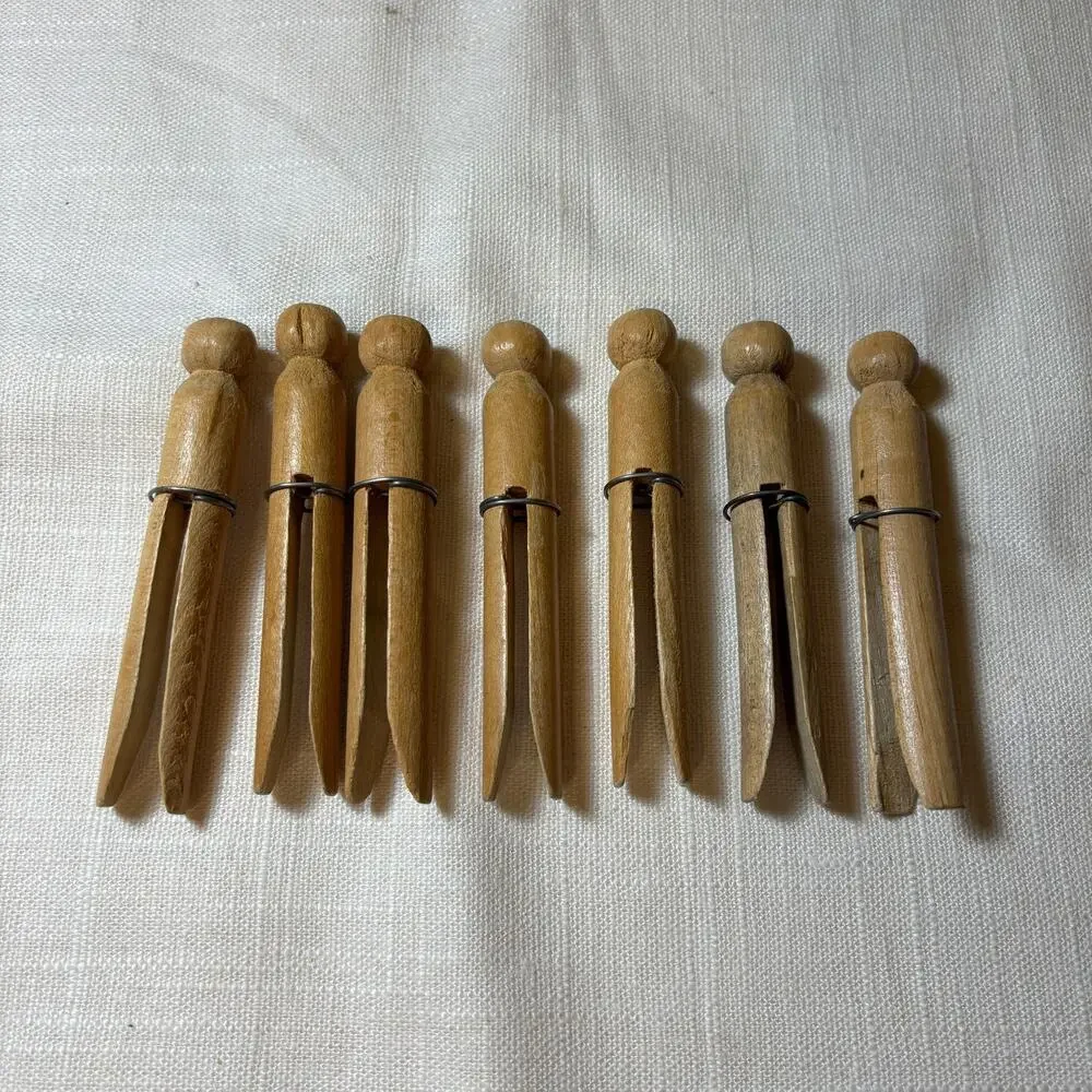 Vintage Wooden Clothespins Lot 7 Round Head Wire Ring Laundry Clothes Pegs